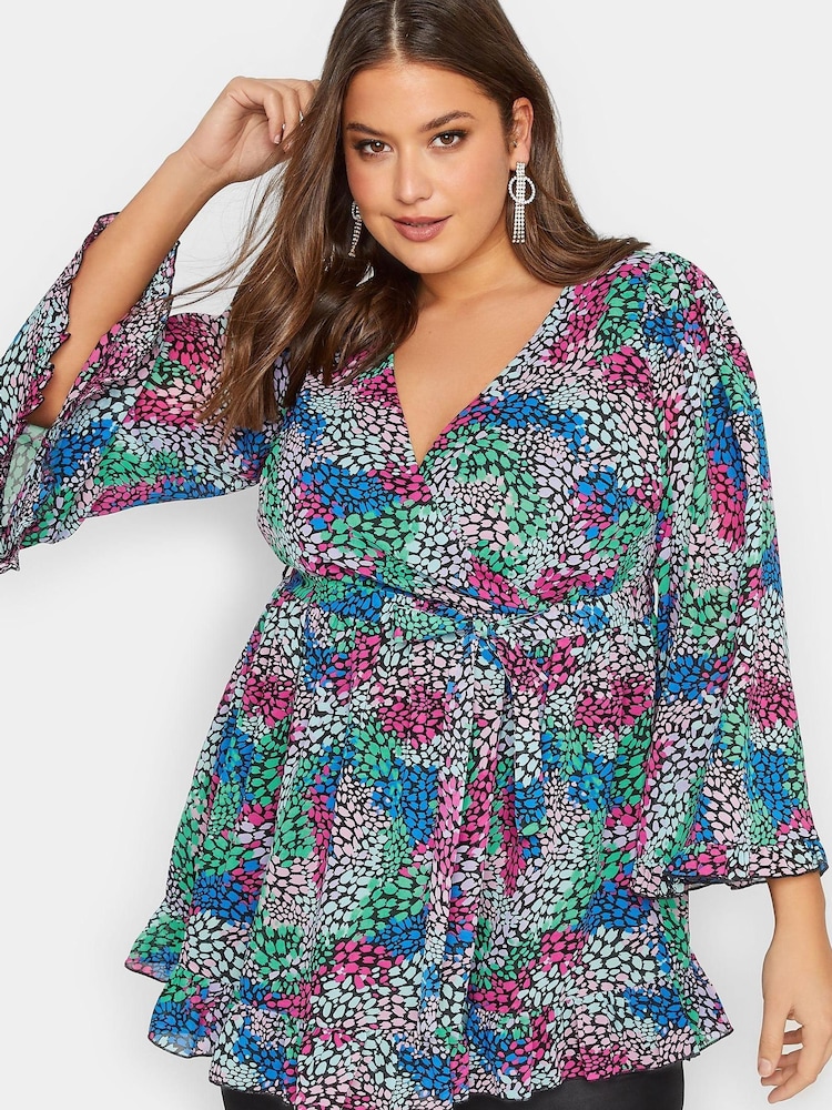 Yours Curve Black London Ruffle Wrap Top - Image 1 of 4