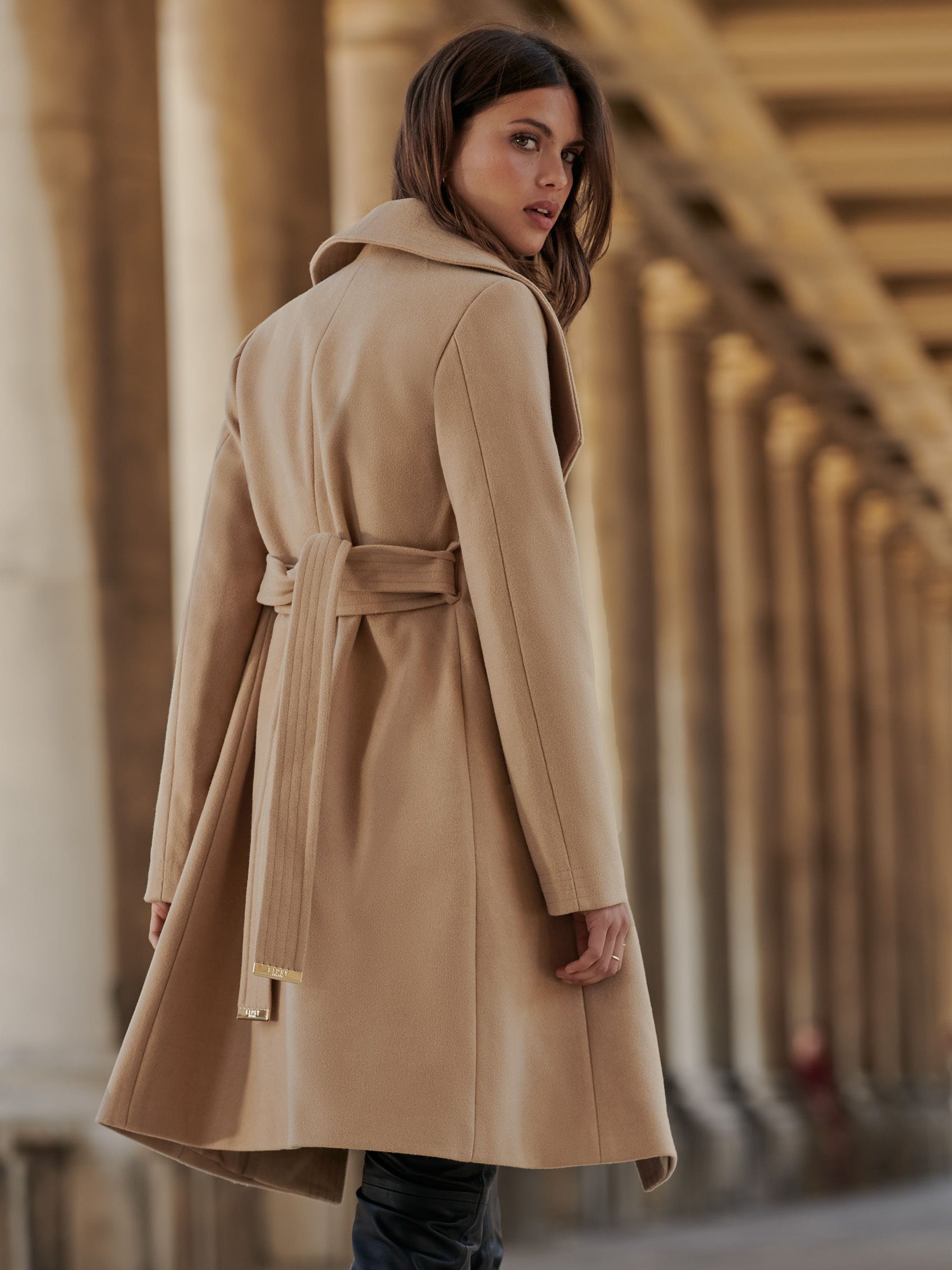 Lipsy wool blend tie coat in camel discount