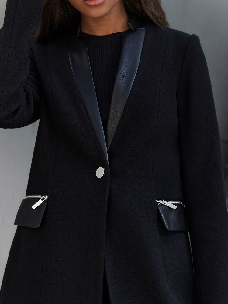Lipsy Black Faux Leather Trim Pocket Zip Coat - Image 2 of 4