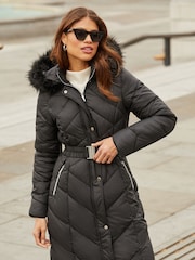 Lipsy Black Longline Belted Faux Fur Hood Puffer Padded Coat - Image 1 of 4
