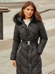 Lipsy Black Longline Belted Faux Fur Hood Puffer Padded Coat - Image 2 of 4