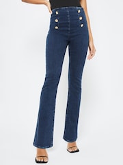 Lipsy Blue Military Button Petite High Waist Military Button Flare Jeans - Image 1 of 4