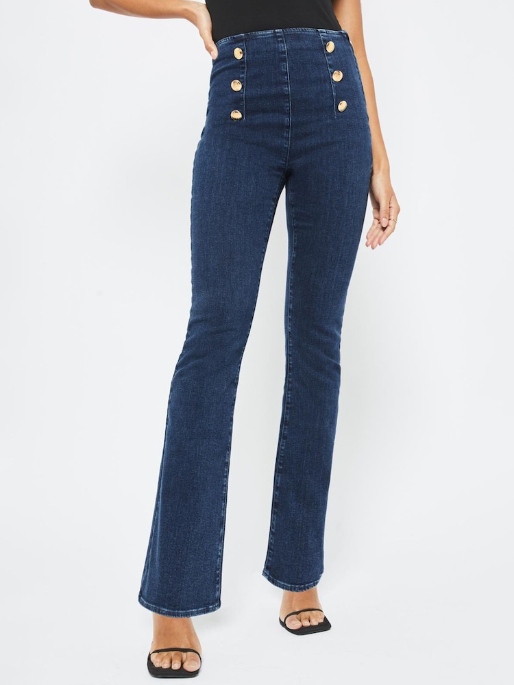 Lipsy Blue Military Button Petite High Waist Military Button Flare Jeans - Image 1 of 4