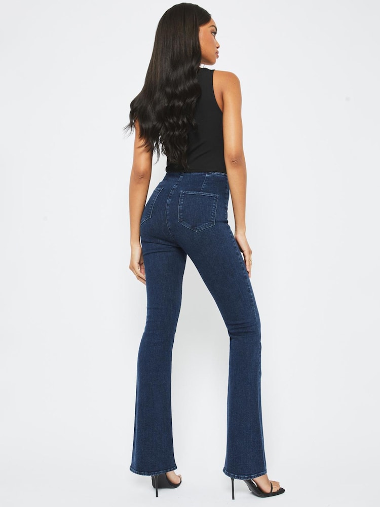 Lipsy Blue Military Button Petite High Waist Military Button Flare Jeans - Image 2 of 4