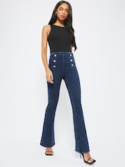 Lipsy Blue Military Button Petite High Waist Military Button Flare Jeans - Image 3 of 4