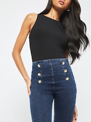 Lipsy Blue Military Button Petite High Waist Military Button Flare Jeans - Image 4 of 4