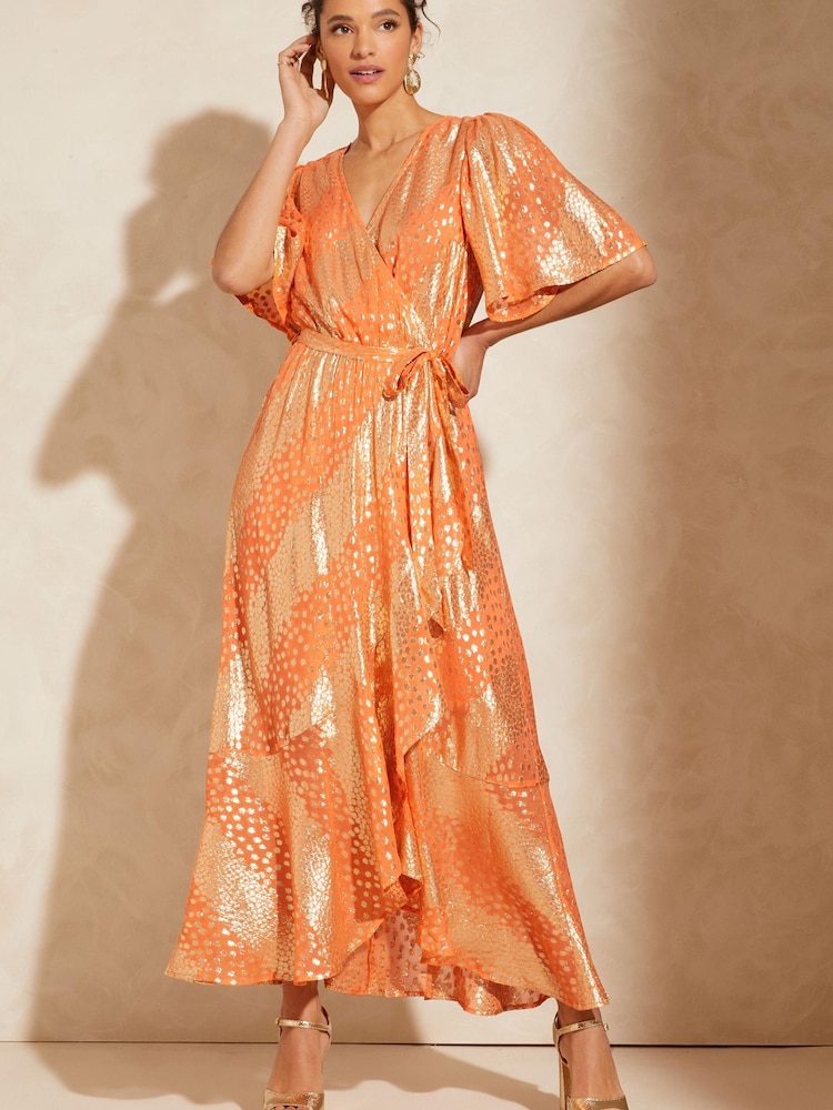Love & Roses Orange Petite Metallic Flutter Sleeve Wrap Tiered Midi Dress - Image 1 of 4 Love & Roses Orange Petite Metallic Flutter Sleeve Wrap Tiered Midi Dress - Image 1 of 4