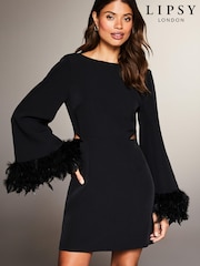 Lipsy Black Long Sleeve Feather Cuff Drape Backless Mini Dress - Image 1 of 4