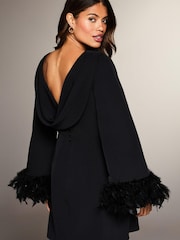 Lipsy Black Long Sleeve Feather Cuff Drape Backless Mini Dress - Image 2 of 4