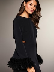 Lipsy Black Long Sleeve Feather Cuff Drape Backless Mini Dress - Image 4 of 4