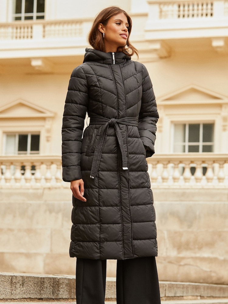 Lipsy Black Petite Slim Longline Duvet Hooded Padded Coat - Image 1 of 4