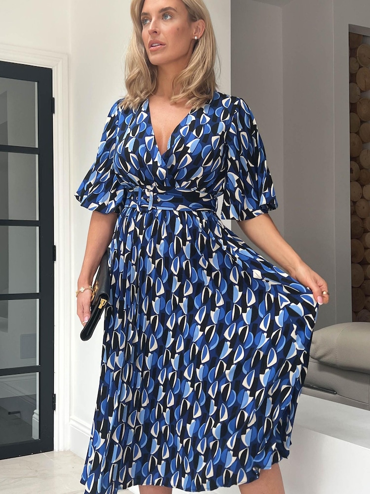 Girl In Mind Blue Geo Print Petite Felicia Pleated Midi Dress - Image 5 of 5