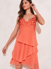 Lipsy Orange Sequin Cami V Neck Layered Swing Dress - Image 1 of 4