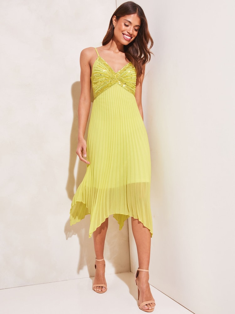 Lipsy Yellow Sequin Pleated Hanky Hem Midi Dress - Image 1 of 4