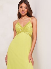 Lipsy Yellow Sequin Pleated Hanky Hem Midi Dress - Image 3 of 4