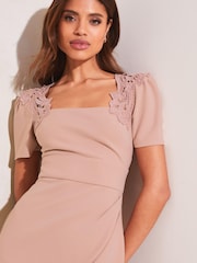 Lipsy Nude Lace Bodycon Square Neck Short Sleeve Midi Dress - Image 3 of 4