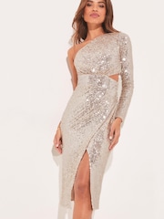 Lipsy Gold Sequin One Shoulder Split Midi Dress - Image 1 of 4