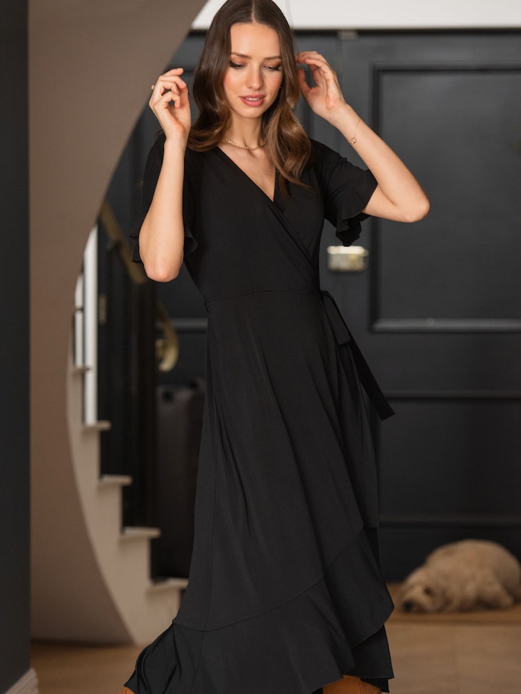 Schwarz - Pour Moi Megan Figurbetontes Midi-Wickelkleid aus recyceltem Stretch-Material mit Rüschendetail - Bild 2 von 5