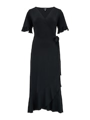 Schwarz - Pour Moi Megan Figurbetontes Midi-Wickelkleid aus recyceltem Stretch-Material mit Rüschendetail - Bild 4 von 5