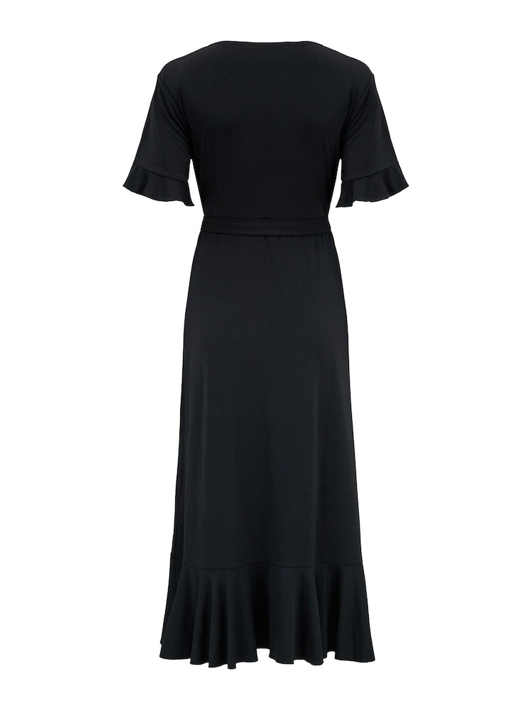 Schwarz - Pour Moi Megan Figurbetontes Midi-Wickelkleid aus recyceltem Stretch-Material mit Rüschendetail - Bild 5 von 5