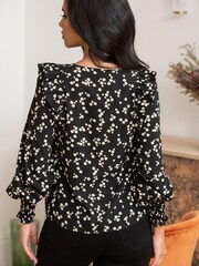 Pour Moi Black Ditsy Maggie Recycled Woven Button Through Frill Blouse - Image 2 of 5