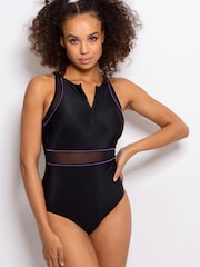 Pour Moi Black/Purple Energy Chlorine Resistant Recycled High Neck Zip Front Swimsuit - Image 3 of 5