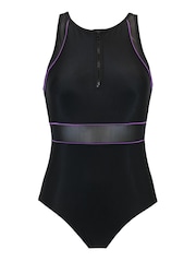 Pour Moi Black/Purple Energy Chlorine Resistant Recycled High Neck Zip Front Swimsuit - Image 4 of 5