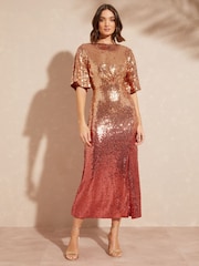 Love & Roses Pink and Gold Ombre Sequin Empire Midi Dress - Image 1 of 3