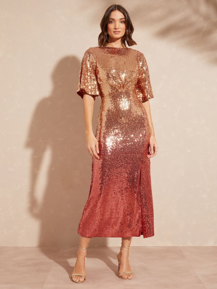 Love & Roses Pink and Gold Ombre Sequin Empire Midi Dress - Image 1 of 3