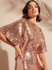 Love & Roses Pink and Gold Ombre Sequin Empire Midi Dress - Image 2 of 3