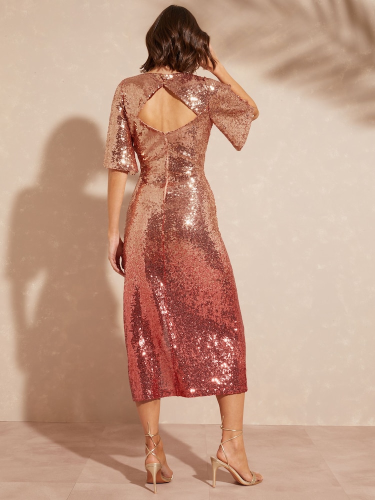Love & Roses Pink and Gold Ombre Sequin Empire Midi Dress - Image 3 of 3