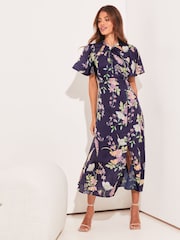 Lipsy Navy Flutter Sleeve Keyhole Front Split Midi Dress - Image 1 of 4