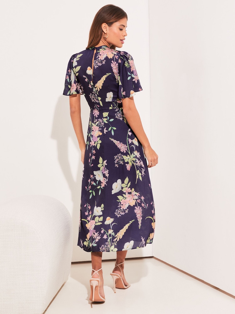 Lipsy Navy Flutter Sleeve Keyhole Front Split Midi Dress - Image 2 of 4