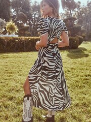 Lipsy White and Black Zebra Puff Sleeve Sweetheart Cut Out Midi Dress - Image 2 of 4