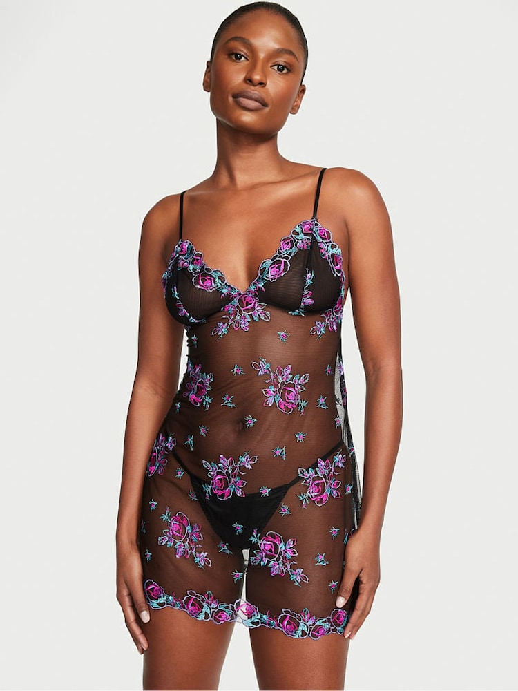 Victoria's Secret Illuminating Blooms Black Lace Trim Slip Dress - Image 1 of 4