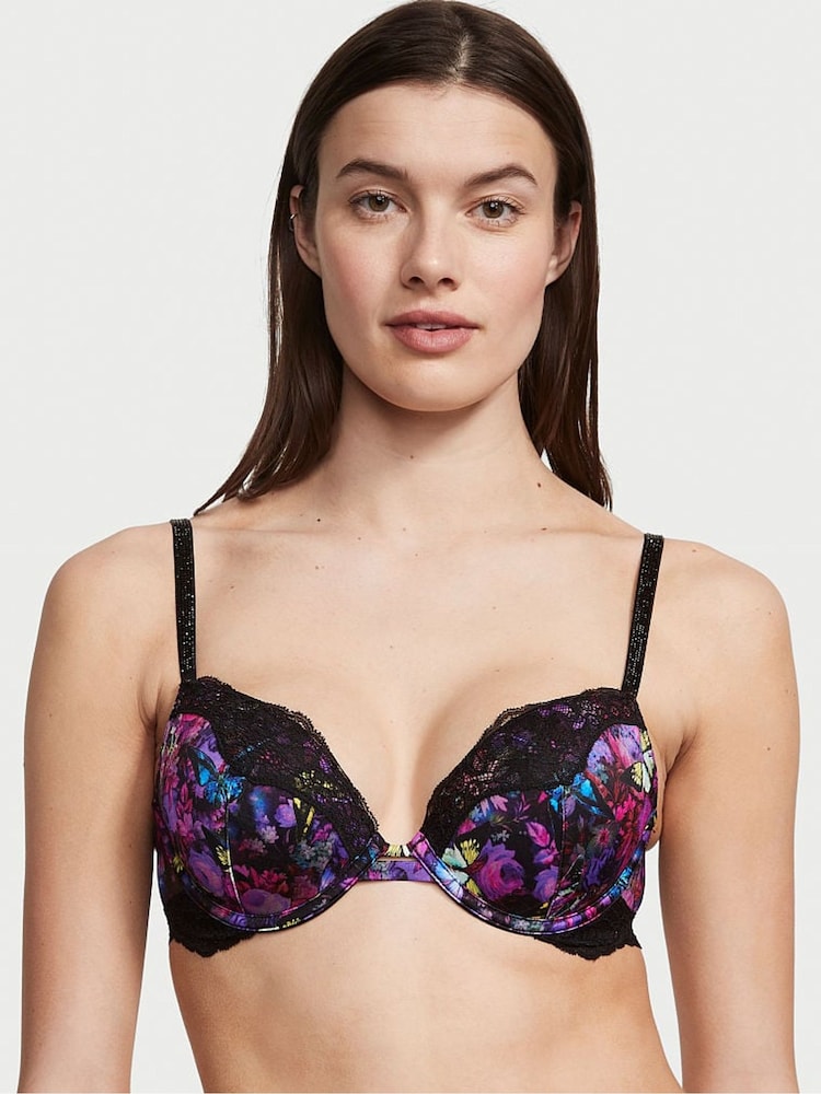 Victoria's Secret Moody Floral Black Lace Shine Strap Push Up Bra - Image 1 of 4