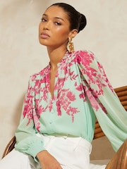V&A | Love & Roses Blue Floral Printed Puff Sleeve V Neck Long Sleeve Button Up Blouse - Image 1 of 4