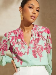 V&A | Love & Roses Blue Floral Printed Puff Sleeve V Neck Long Sleeve Button Up Blouse - Image 2 of 4