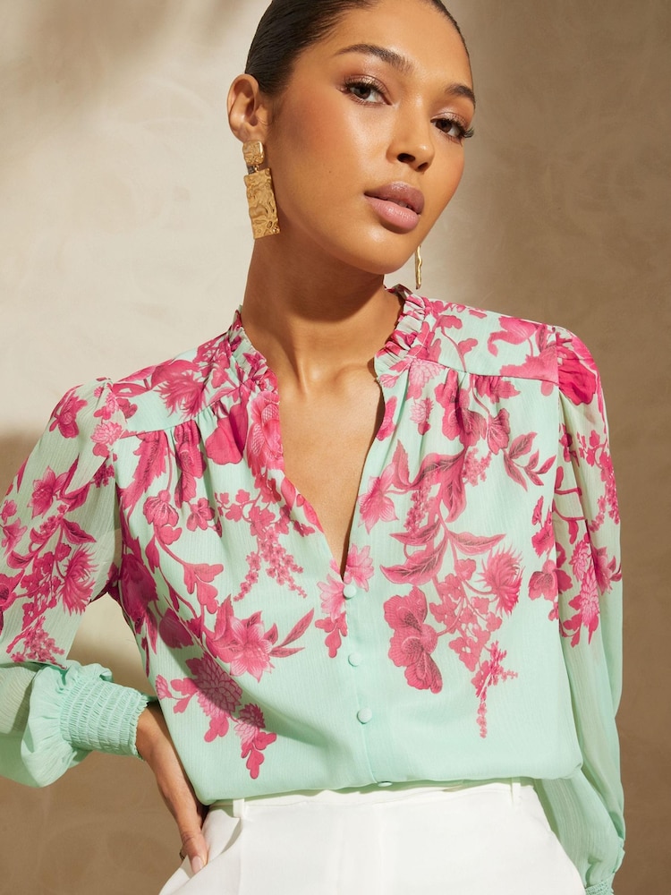 V&A | Love & Roses Blue Floral Printed Puff Sleeve V Neck Long Sleeve Button Up Blouse - Image 2 of 4