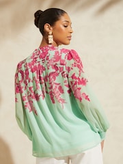 V&A | Love & Roses Blue Floral Printed Puff Sleeve V Neck Long Sleeve Button Up Blouse - Image 3 of 4
