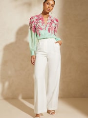 V&A | Love & Roses Blue Floral Printed Puff Sleeve V Neck Long Sleeve Button Up Blouse - Image 4 of 4