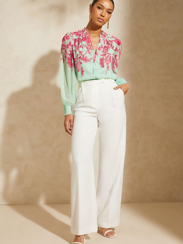 V&A | Love & Roses Blue Floral Printed Puff Sleeve V Neck Long Sleeve Button Up Blouse - Image 4 of 4