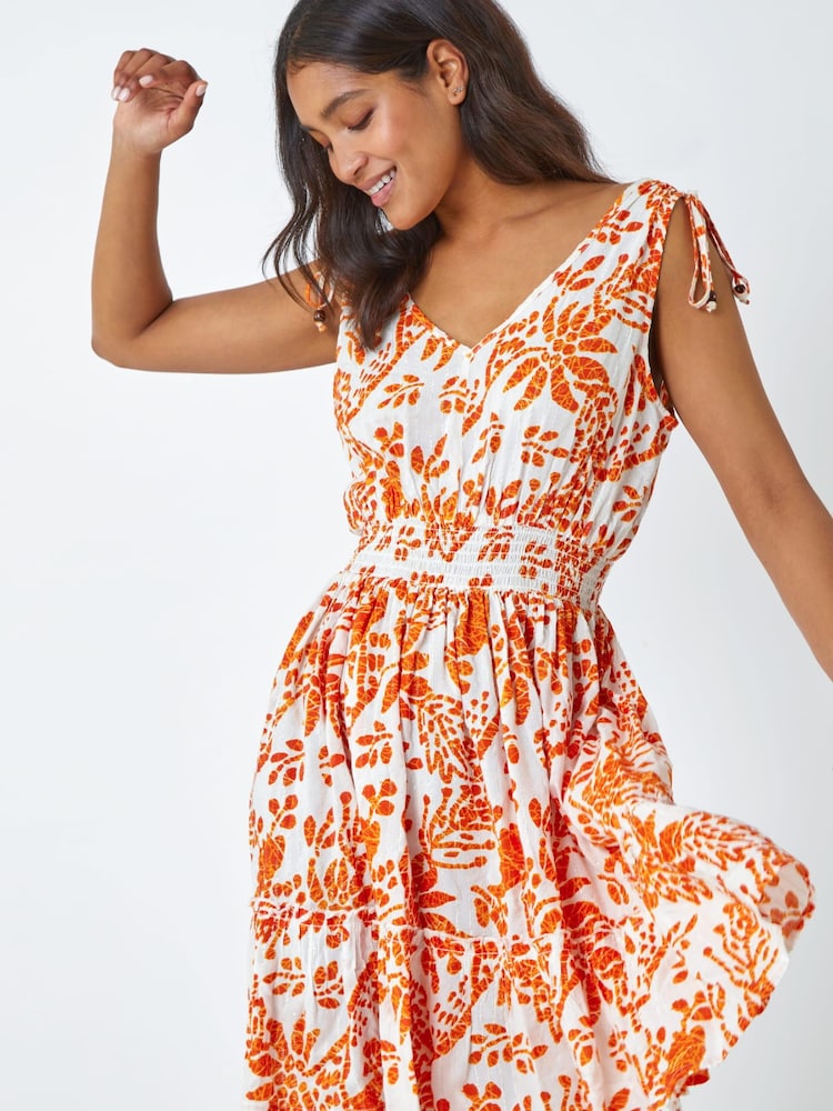 Roman Orange & White Floral Print Stretch Waist Dress - Image 1 of 5 Roman Orange & White Floral Print Stretch Waist Dress - Image 1 of 5