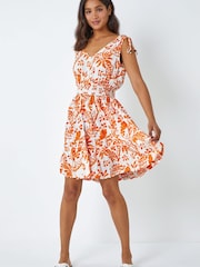 Roman Orange & White Floral Print Stretch Waist Dress - Image 2 of 5