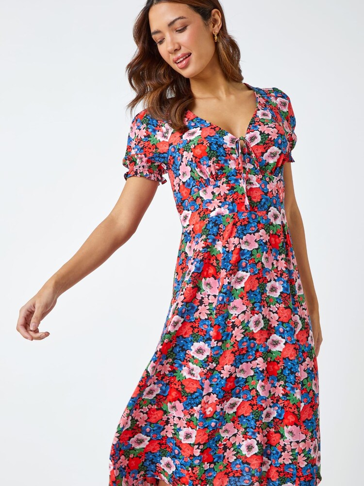 Roman Red Multi Frill Sleeve Floral Tea Dress - Image 1 of 5