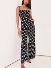 Lipsy Black/White Polka Dot Strappy Corset Wide Leg Jumpsuit - Image 3 of 4