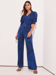 Lipsy Blue Animal Puff Sleeve V Neck Wide Leg Jumpsuit - Image 1 of 4