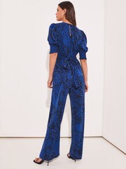 Lipsy Blue Animal Puff Sleeve V Neck Wide Leg Jumpsuit - Image 2 of 4