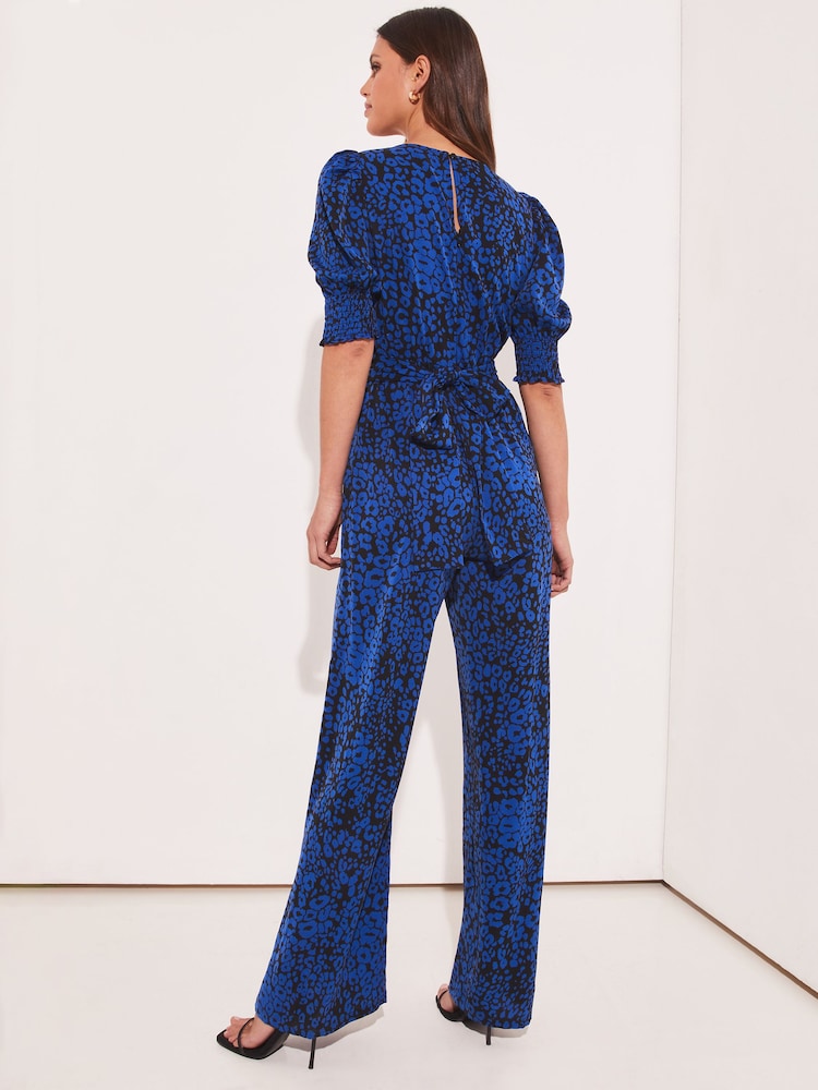 Lipsy Blue Animal Puff Sleeve V Neck Wide Leg Jumpsuit - Image 2 of 4
