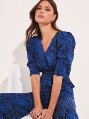 Lipsy Blue Animal Puff Sleeve V Neck Wide Leg Jumpsuit - Image 4 of 4